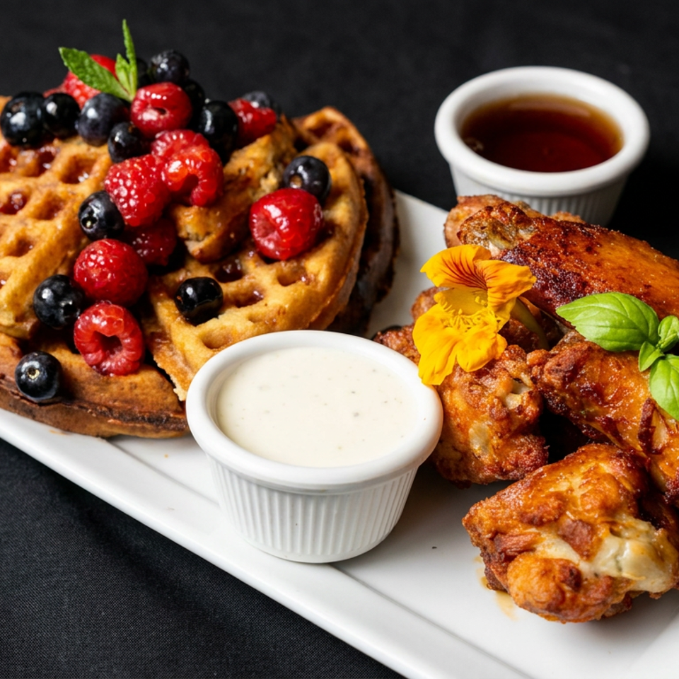 Waffles topped with raspberries and blueberries alongside crispy chicken wings, dipping sauces, and fresh basil on a white platter.
