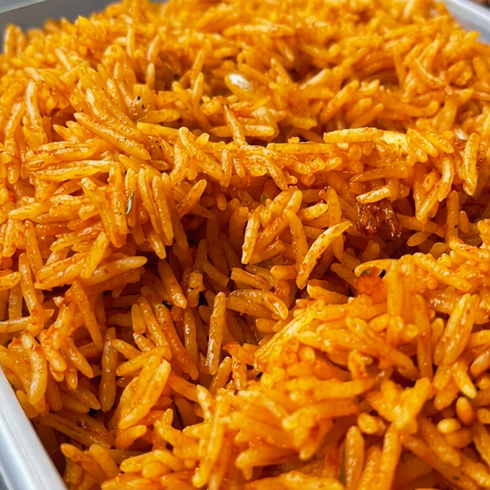 Close-up of vibrant orange seasoned rice piled in a rectangular metal serving tray.