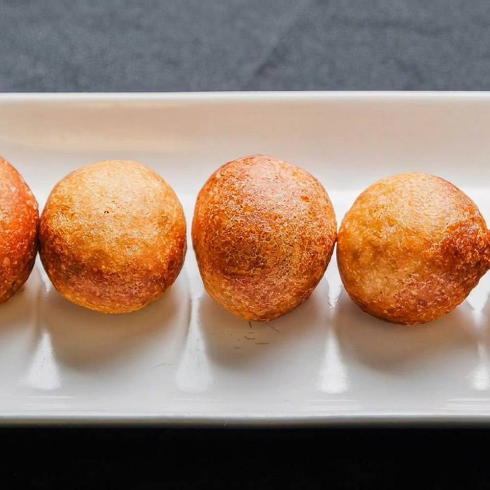 Five golden-brown fried dough balls arranged on a white rectangular plate against a dark background.