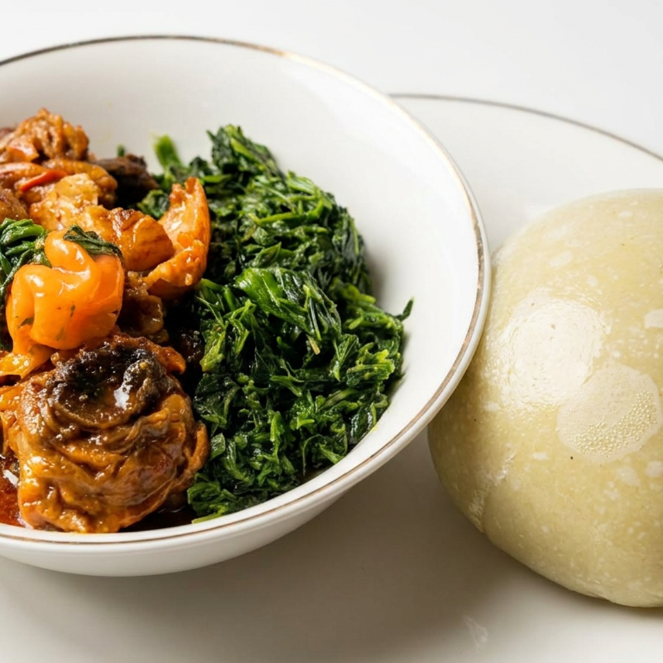 Bowl of saucy chicken, shrimp, mushrooms, and leafy greens served beside a round steamed bun on a white plate.