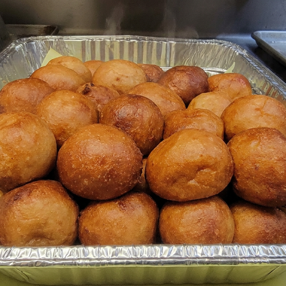 Tray of golden-brown fried dough balls arranged on parchment in a disposable aluminum catering pan.