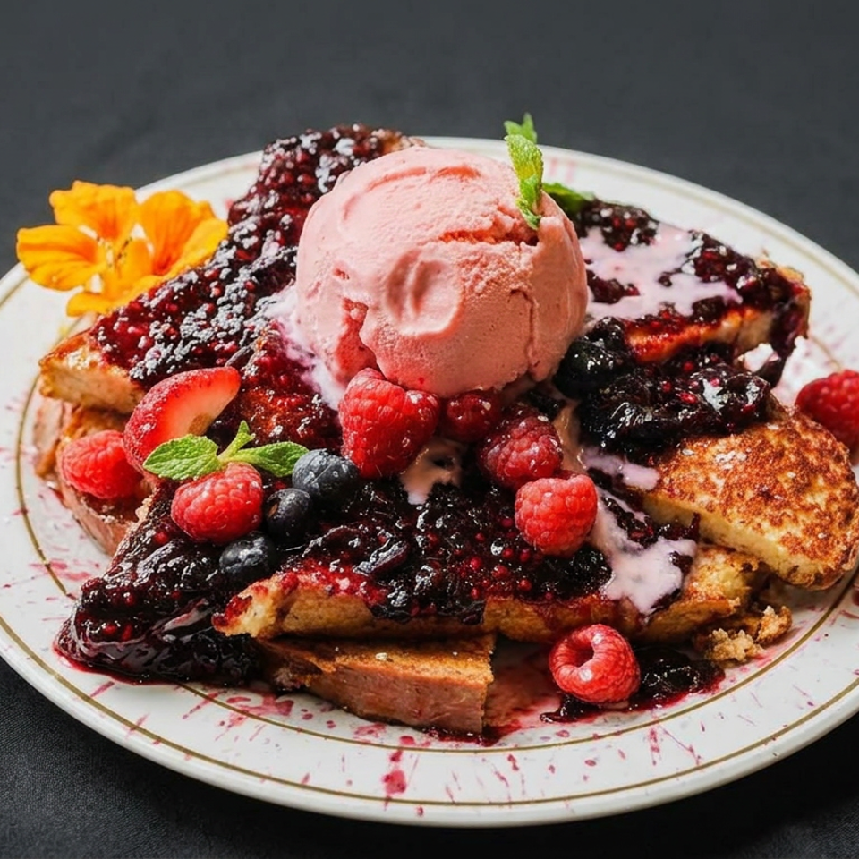 French toast topped with berry compote, raspberries, blueberries, pink ice cream, mint, and an edible flower on a white plate.