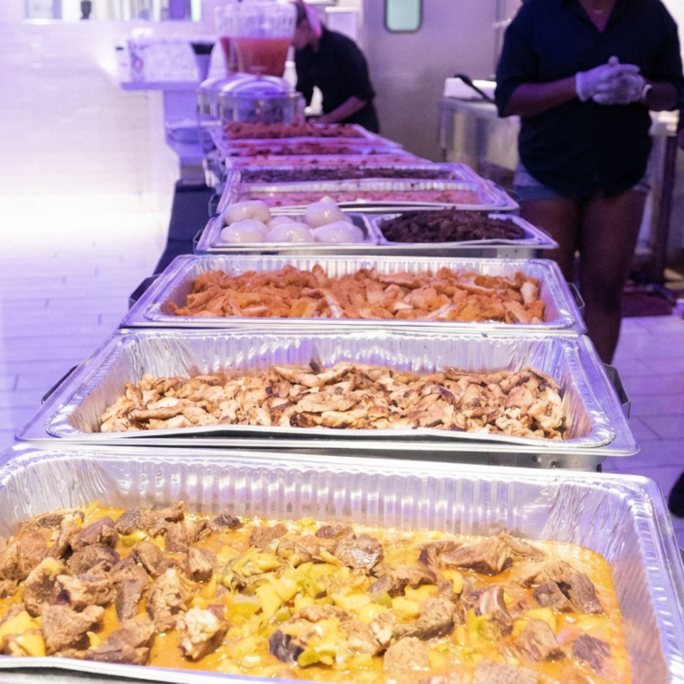 Catered buffet displays trays of assorted hot dishes while gloved servers stand behind the food in a purple-lit venue.