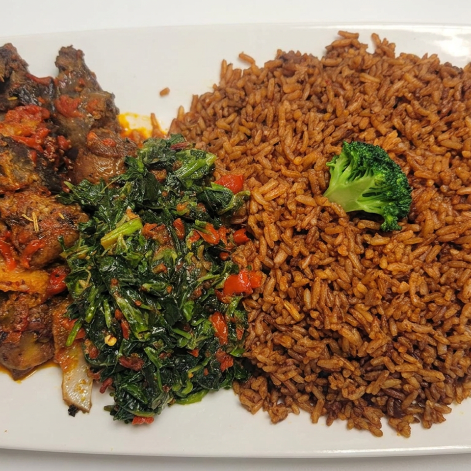 Plate of seasoned rice, spicy stewed meat, sautéed leafy greens, red peppers, and broccoli on a rectangular white dish.