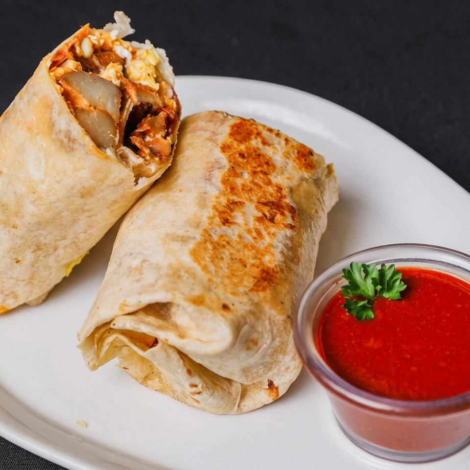 Two toasted burritos on a white plate with one cut open, served alongside bright red dipping sauce garnished with parsley.
