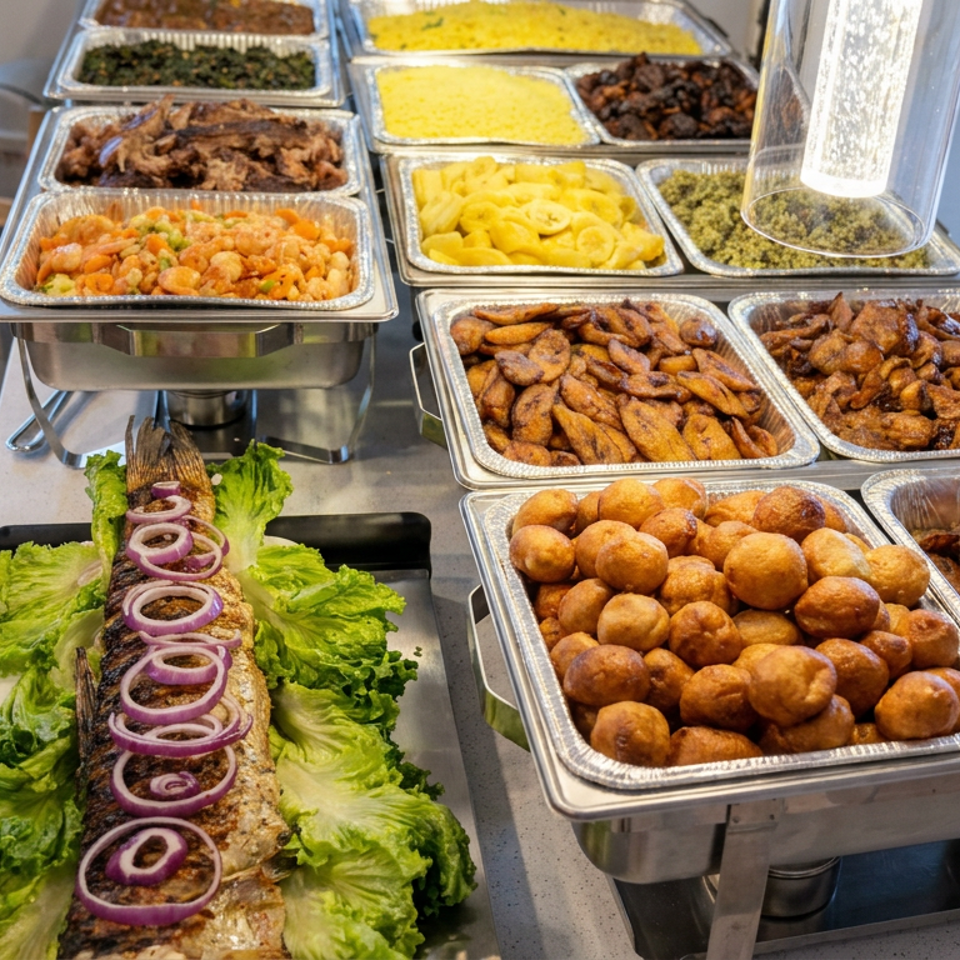 Buffet table displaying trays of fried foods, vegetables, pasta, and a whole roasted fish garnished with red onions on lettuce.