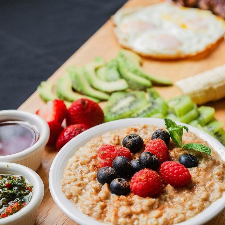 Wooden breakfast board featuring berry-topped oatmeal, sliced avocado, strawberries, bagel, grilled meat, and two dipping sauces.
